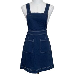 ModCloth Pinafore Jumper Dress Womens 6 Navy Blue Contrast Stitch Pockets‎ NEW